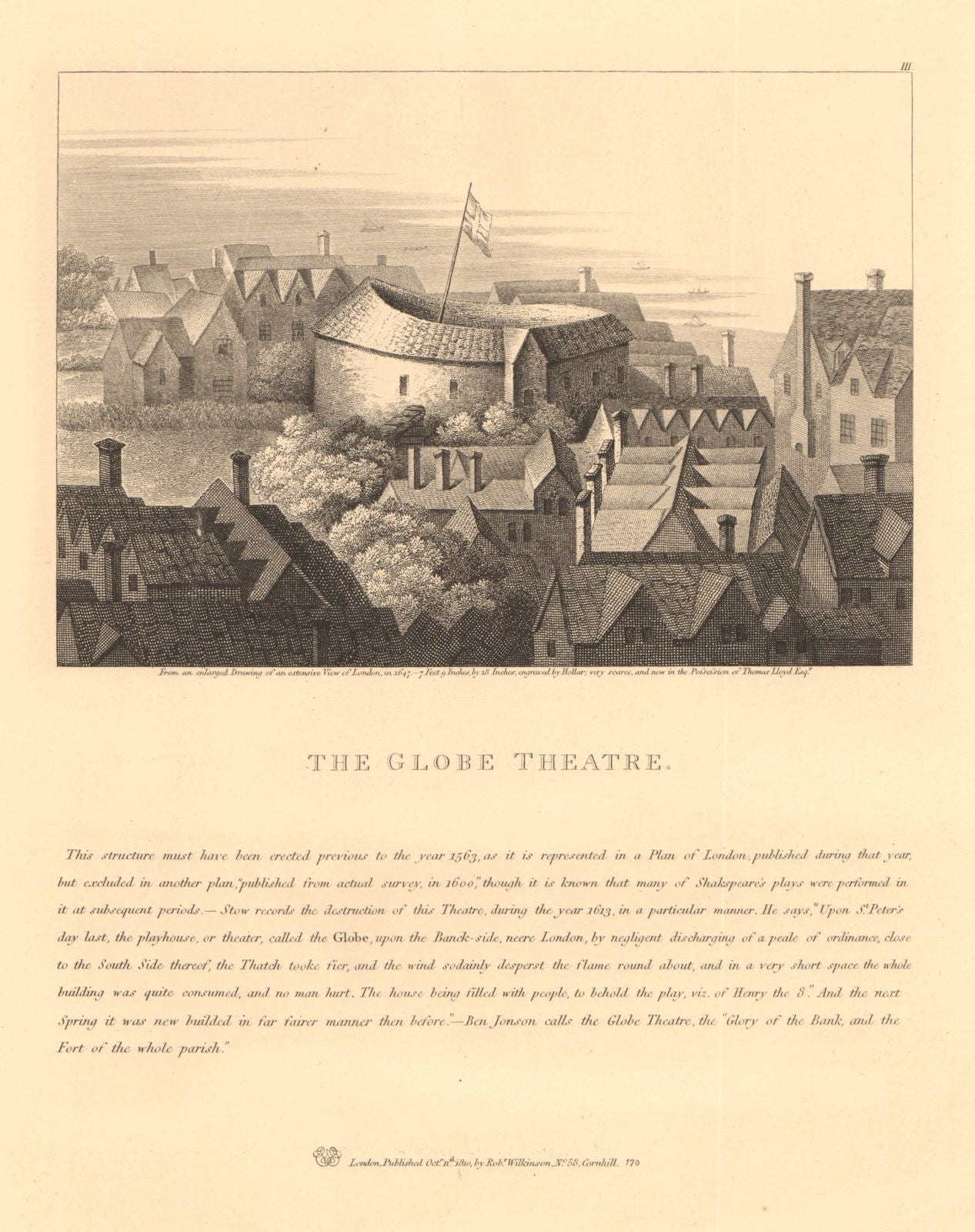 THE GLOBE THEATRE, Bankside. From a 1647 drawing, though it burnt down 1613 1834